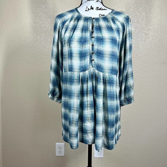 Anthropologie Maeve Blue Cavalon Plaid Peplum Boho Peasant Top Size S - Picture 6 of 15